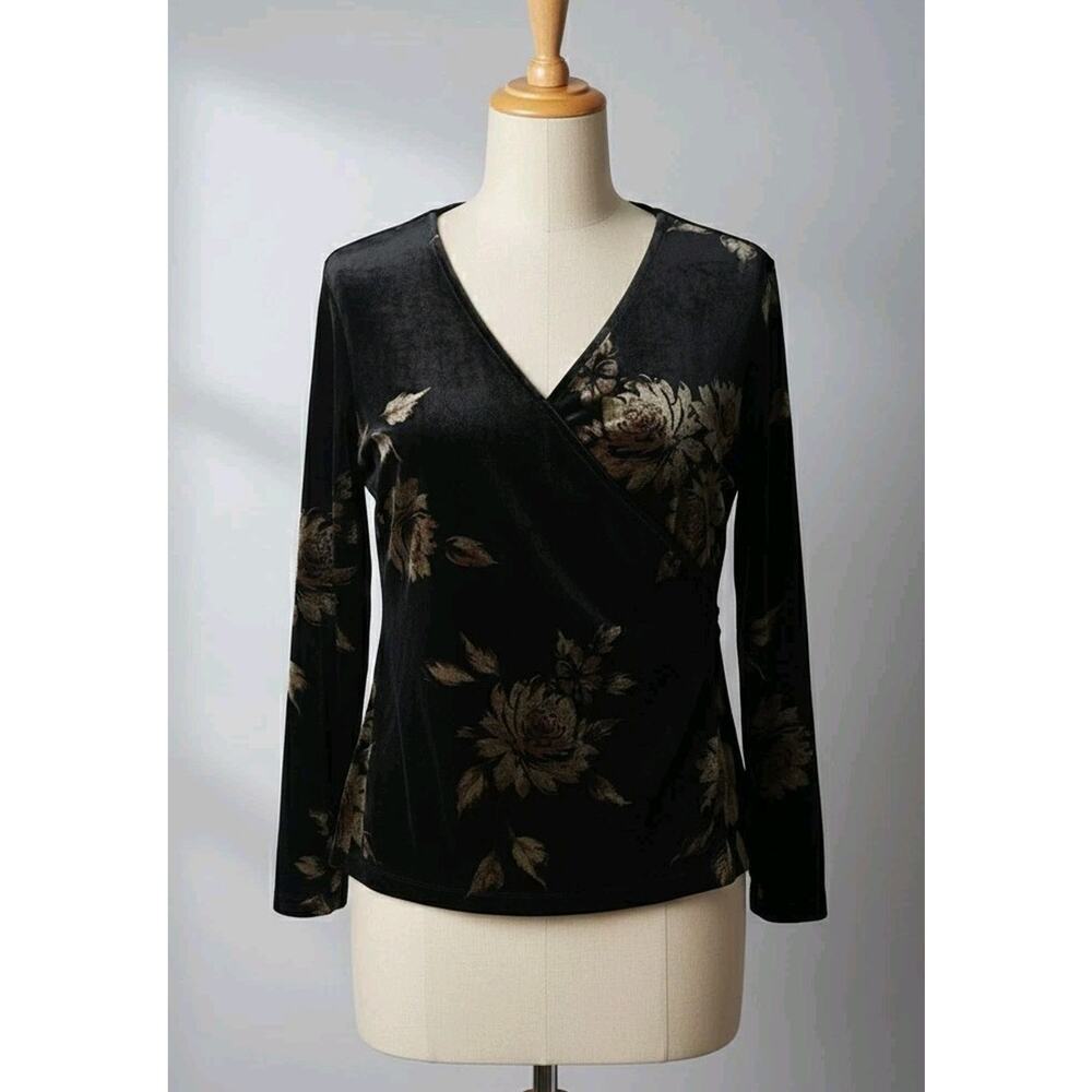 Vtg Lane Bryant Black Floral V-Neck Whimsigoth Velvet Top Womans Size 18/20